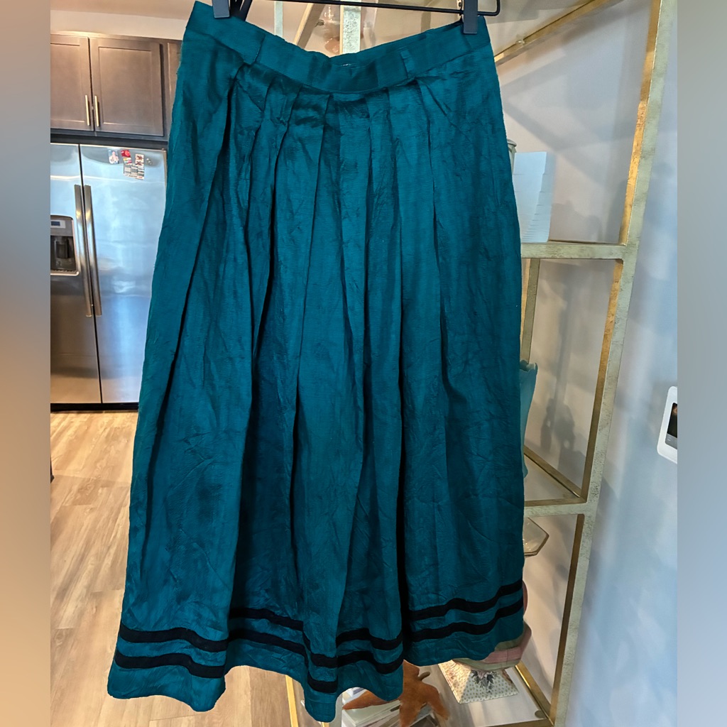 Vintage Teal Pleated Midi Skirt Banded Hem 80s
